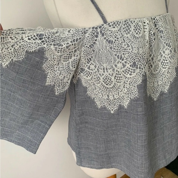 Zara Off the shoulder Linen Cotton mix Check Top with lace Size XS - Picture 6 of 7